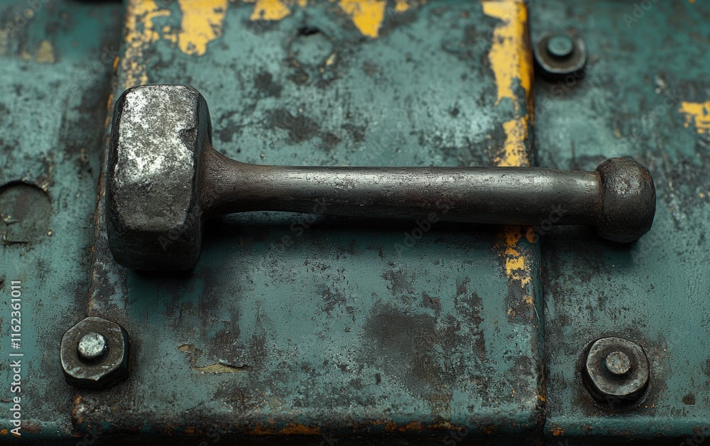 Weathered Ball-Peen Hammer rests on a rustic, teal-colored metal surface, showcasing its aged texture and industrial charm. A captivating close-up! Weathered Ball-Peen Hammer rests on a rustic, teal-colored metal surface, showcasing its aged texture and industrial charm. A captivating close-up!