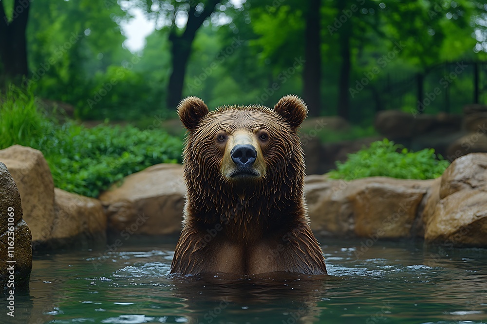 Grizzly Bear Soaking In Cool Water In Forest Grizzly Bear Soaking In Cool Water In Forest