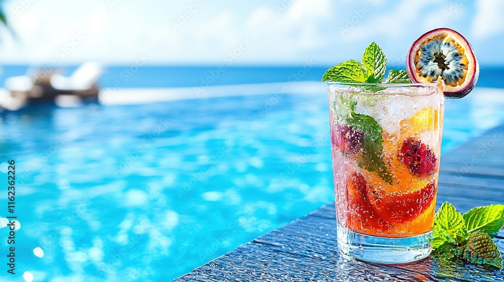 A macro shot of a drink resting on a table beside an Olympic-sized swimming pool with an expansive ocean vista behind A macro shot of a drink resting on a table beside an Olympic-sized swimming pool with an expansive ocean vista behind