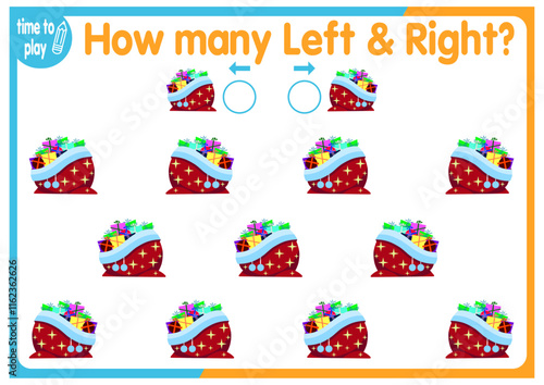 children's educational game, tasks. count how many elements will be placed on the right and how many on the left. New Year. Christmas	