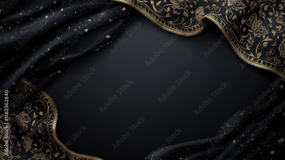 Fototapeta premium Elegant Black Fabric with Gold Floral Pattern and Dark Background