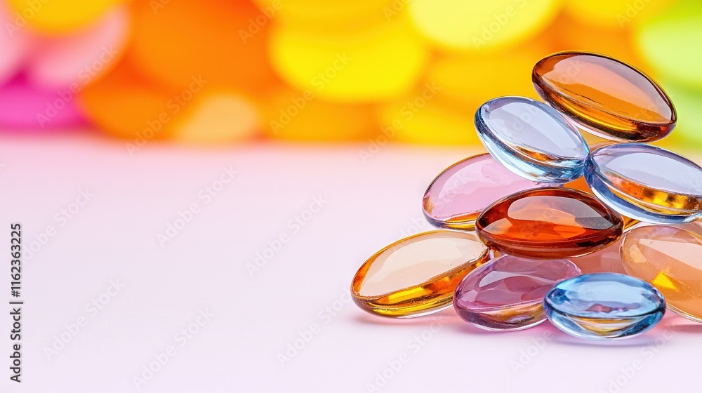 A rainbow of colorful glass beads rests atop a pristine white table against an electric backdrop A rainbow of colorful glass beads rests atop a pristine white table against an electric backdrop