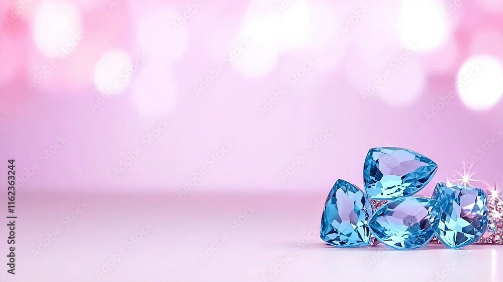 A group of blue diamonds resting on a pink table beside a pink-and-white wall with light background A group of blue diamonds resting on a pink table beside a pink-and-white wall with light background