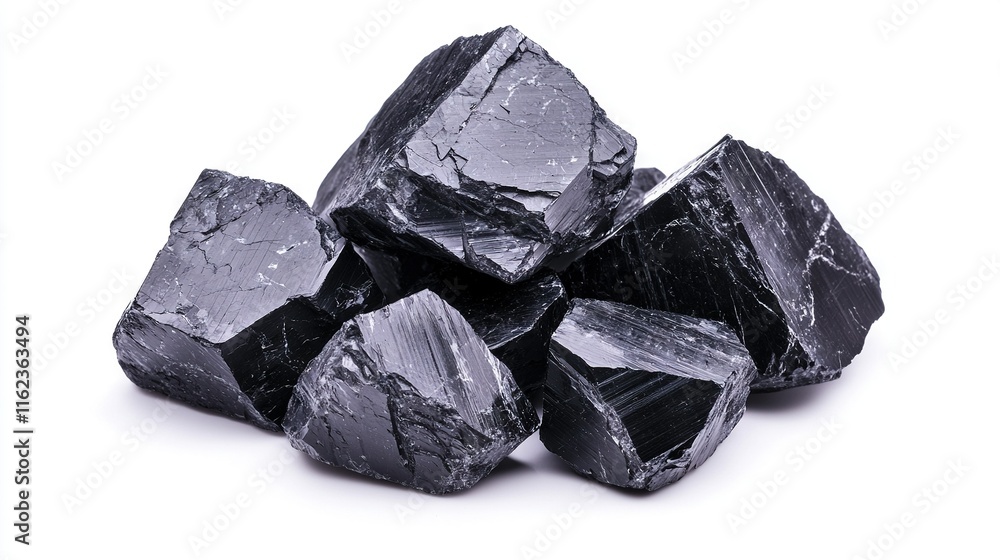 A stack of black diamonds resting atop a white table alongside another pile of black diamonds on a white table A stack of black diamonds resting atop a white table alongside another pile of black diamonds on a white table
