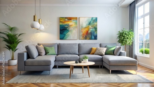 Wallpaper Mural Grey sectional defines a minimalist living space; modern art and documentary photos complete the aesthetic. Torontodigital.ca