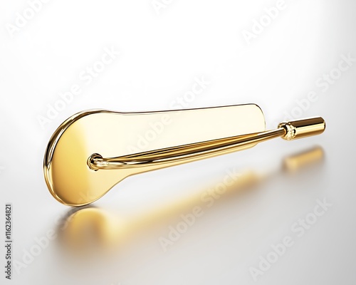 A simple gold pin displayed on a smooth white background, illuminated with sharp lighting and intricate reflections. contrast, white background, well-lit, sharp