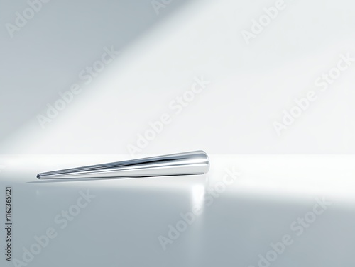 A sleek silver pin placed on a smooth white surface, reflecting bright light and sharp shadows. contrast, white background, well-lit, sharp, realistic, and visually appealing realistic
