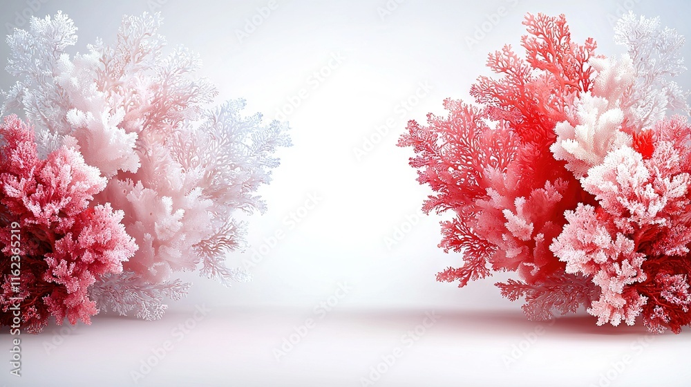 A cluster of red and white corals on a white background with a light blue backdrop A cluster of red and white corals on a white background with a light blue backdrop