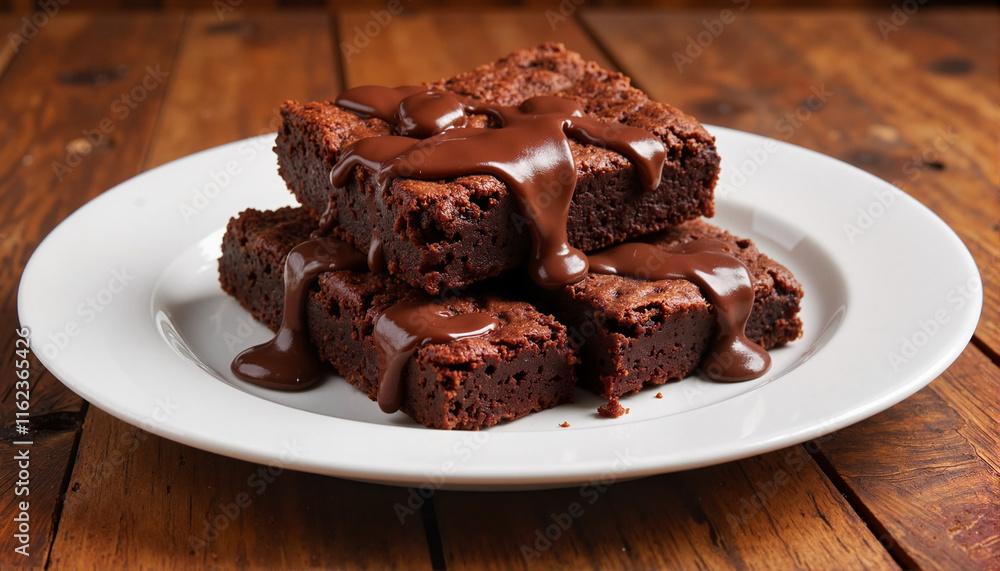 Brownies drizzled with chocolate sauce on wooden table Brownies drizzled with chocolate sauce on wooden table