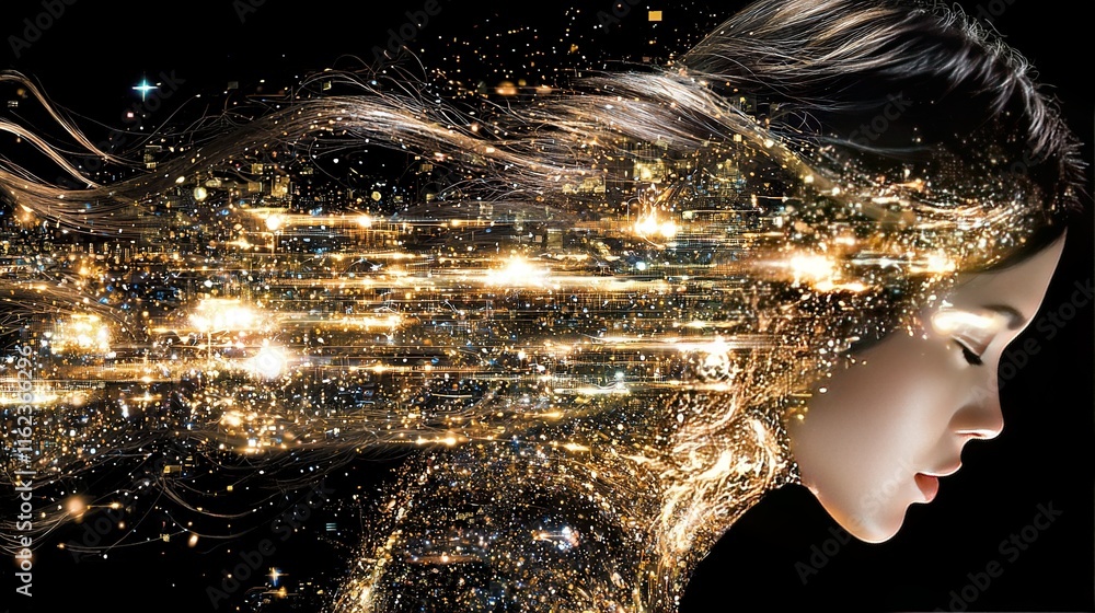 Φωτογραφία A digital painting of a woman's face with her hair blowing in the wind against