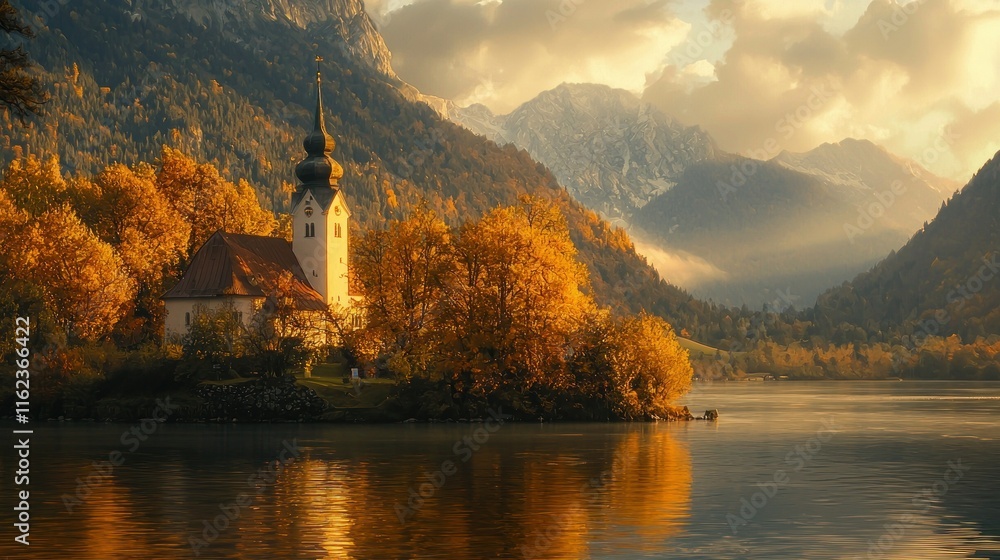 Fototapeta premium Serene lakeside church surrounded by autumn foliage.