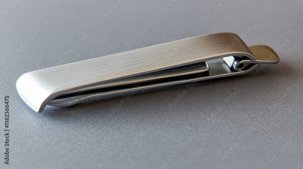 Sleek Metal Money Clip with Minimalist Design on Gray Surface Sleek Metal Money Clip with Minimalist Design on Gray Surface