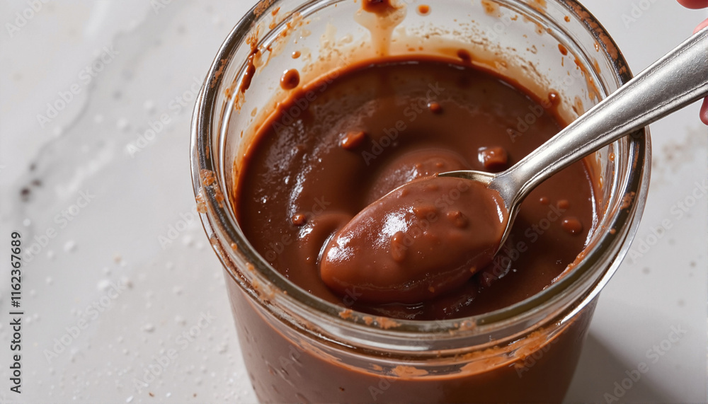Chocolate sauce in a jar with a spoon Chocolate sauce in a jar with a spoon