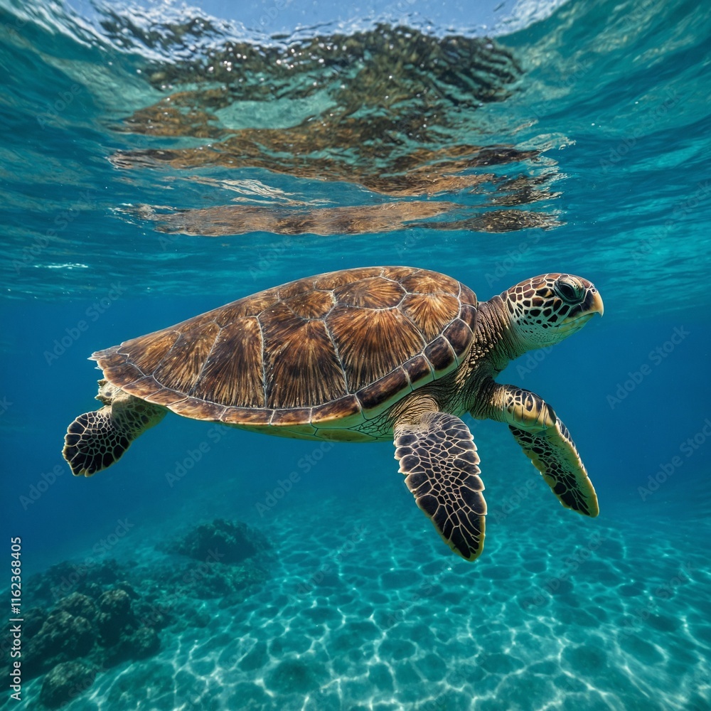 Fototapeta premium A sea turtle swimming on a turquoise blue background.