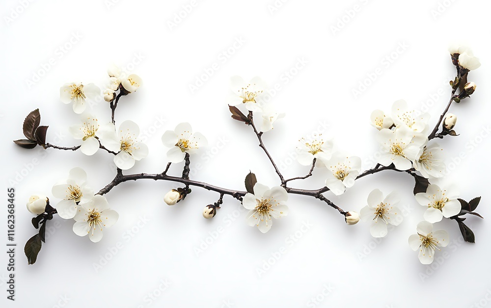 Delicate white blossoms on a flowering branch arranged horizontally against a pure white background. Delicate white blossoms on a flowering branch arranged horizontally against a pure white background.