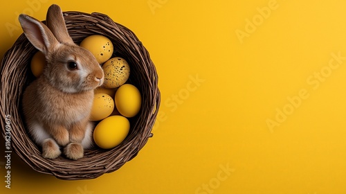 Easter bunny relaxing in nest with yellow eggs on yellow background