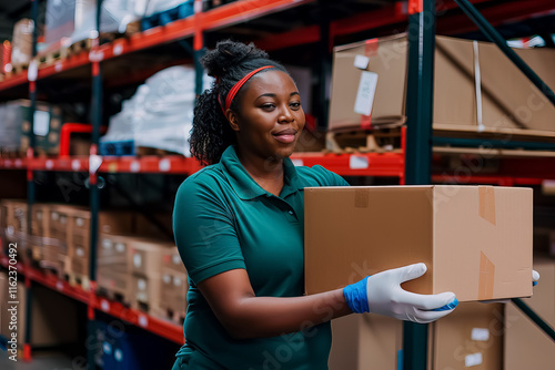 A woman wearing a green shirt is holding a box in a warehouse