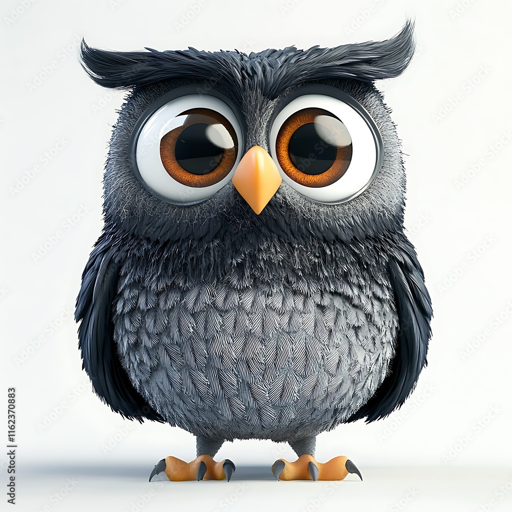 Fototapeta premium Cute cartoon owl with large eyes and fluffy grey feathers.