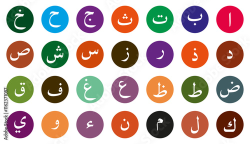 Arabic alphabet vector set in different color isolated on a white background. Arabic alphabet letters. Arabic alphabet education reading, learning. Vector illustration.