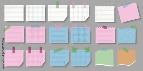 Set Paper Sheets with tape for Scrapbooking. Paper Sticker template design for scrap design. Mockup of empty office badge. Realistic vector illustration EPS 10
