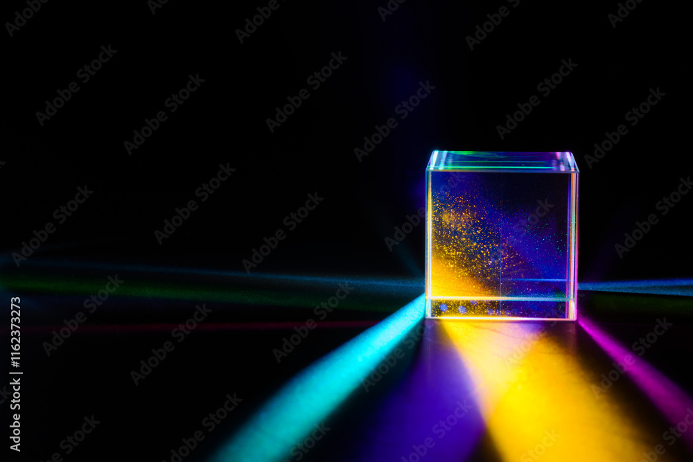 A glass dichroic prism disperse light into different colors on a black background
