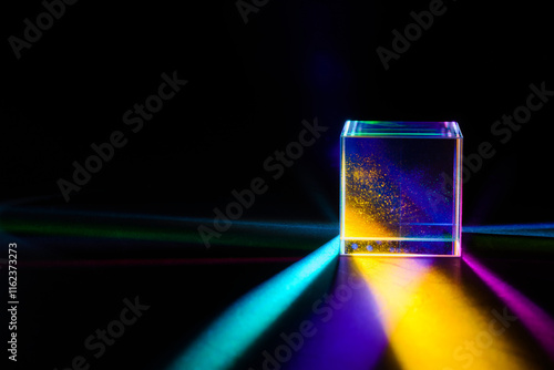 Obraz na płótnie A glass dichroic prism disperse light into different colors on a black background w salonie