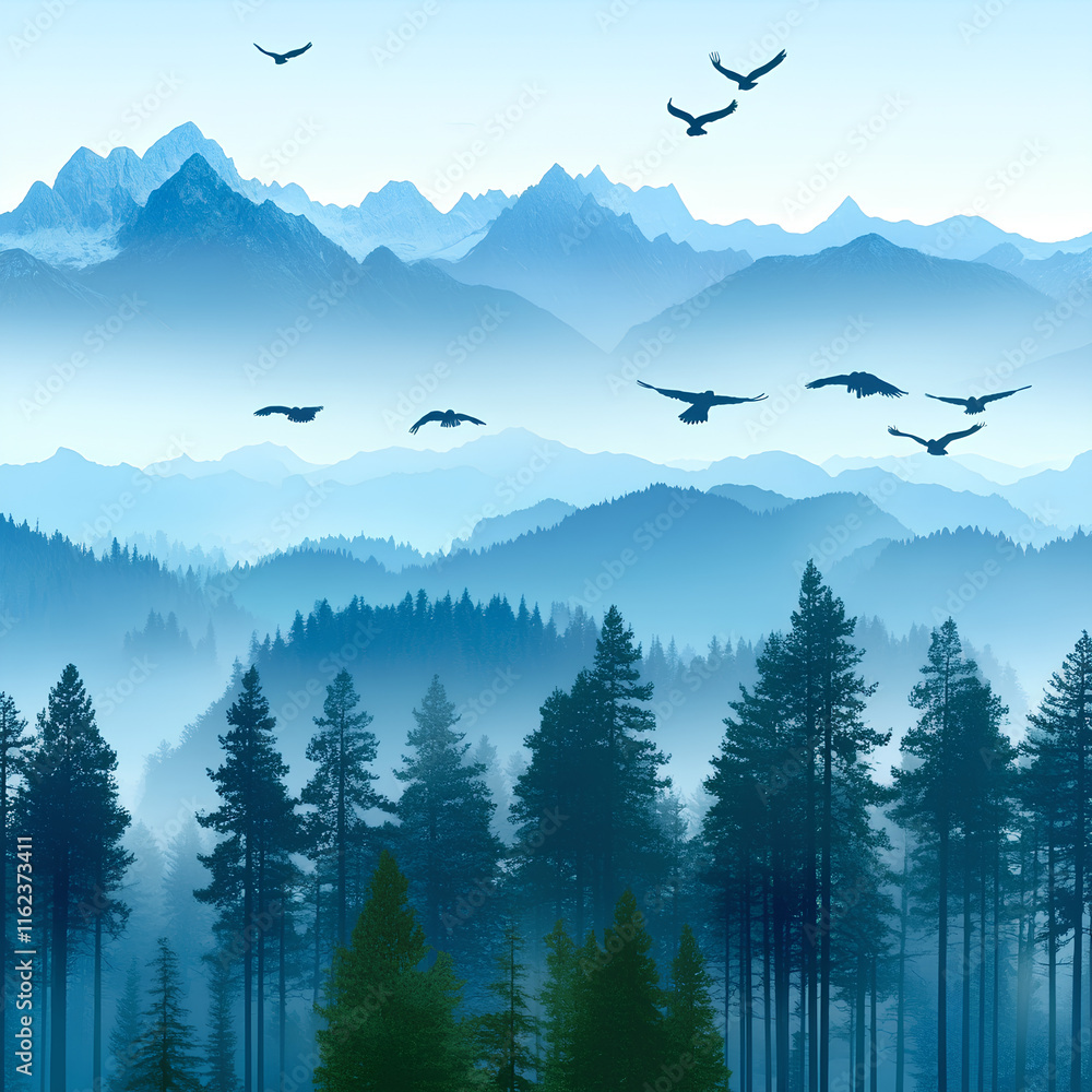 Obraz premium Vector landscape with blue mountain silhouettes