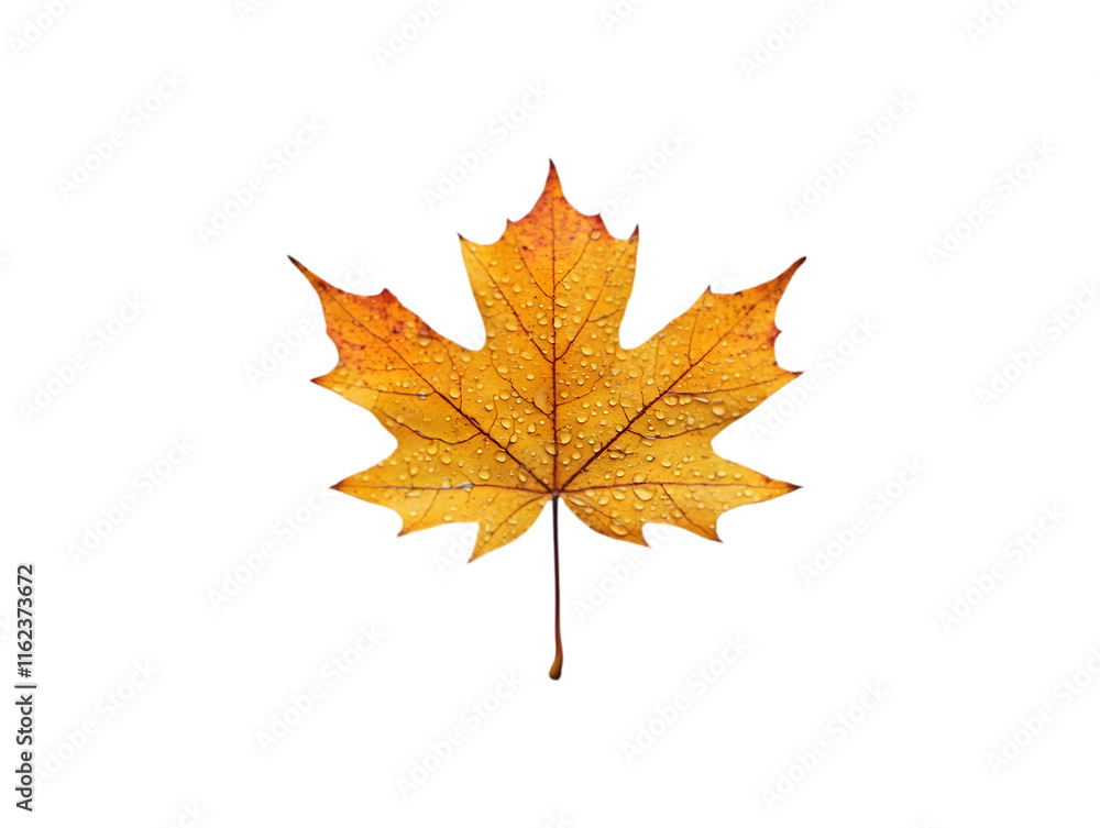 A single yellow maple leaf with water droplets on a black background. A single yellow maple leaf with water droplets on a black background.
