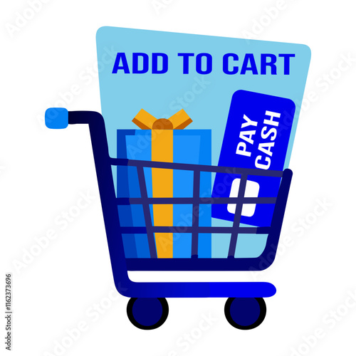 A flat sticker of a trolley with a gift box, a credit card, and the text add to cart 