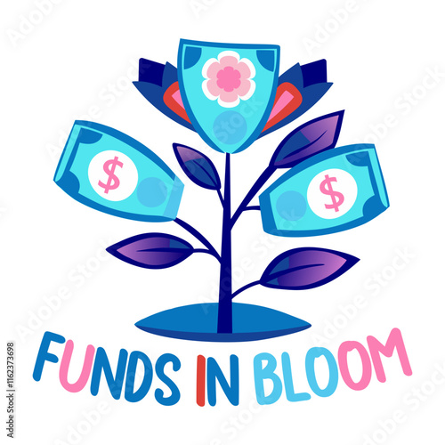 A flat sticker of money plant with text funds in bloom 