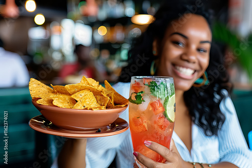 A woman is holding a plate of nachos and a glass of a drink photo