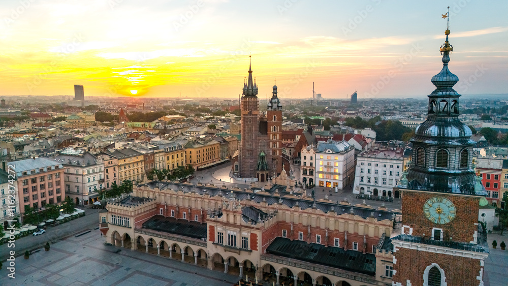 Naklejka premium central market square of krakow in poland at dawn in summer view from above