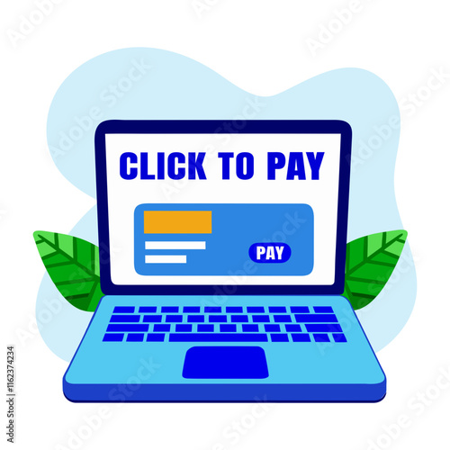 Flat sticker of laptop with text click to pay 