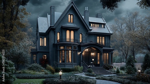 Dark Victorian Mansion at Dusk: A 3D Render of an Enchanting Home AI Generated photo