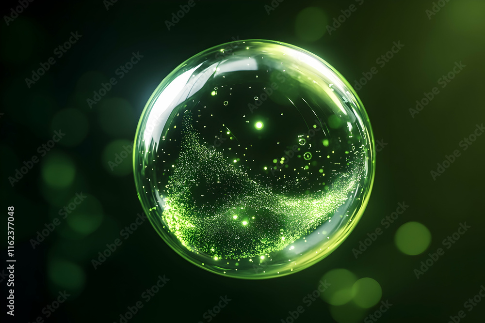 3D green bubble floating against a dark background, symbolizing modern technology 3D green bubble floating against a dark background, symbolizing modern technology
