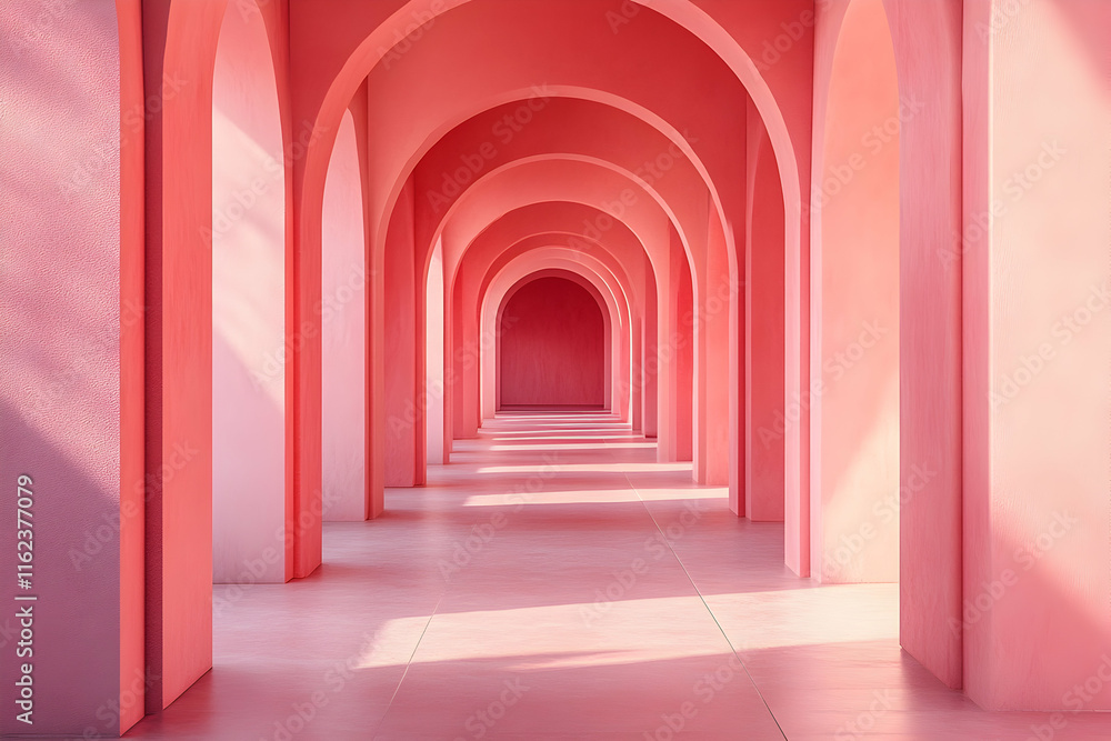 3D-rendered architectural corridor with pink arches, blending minimalist geometry and travel presentation visuals 3D-rendered architectural corridor with pink arches, blending minimalist geometry and travel presentation visuals