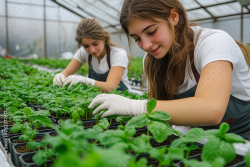 woman Teenagers working and enjoying in an organic greenhouse, planting vegetables. Young female students gaining practical farming experience.