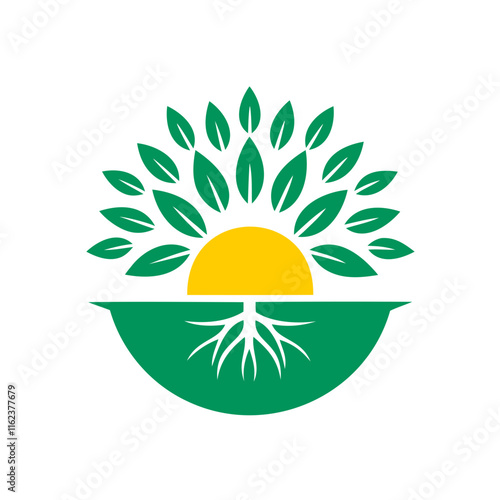 A radiant sun rising behind a tree with its roots visible below. Silhouette vector illustration