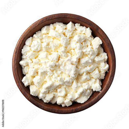 Cottage cheese, curd in wooden bowl, top view isolated on transparent background
