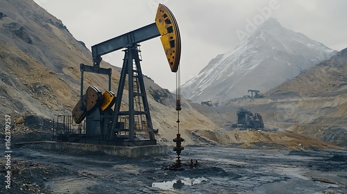 Oil pump jack in mountainous terrain, extraction site with machinery and snowy peak in background.