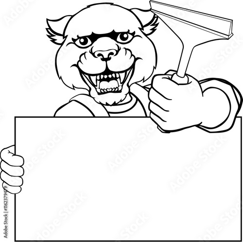 A panther window cleaner or car wash cleaning cartoon mascot man holding a squeegee washing tool