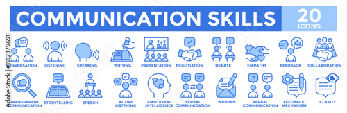 Communication skills icon collection set. Containing conversation, negotiation, speech, presentation, debate and feedback icon.Simple blue vector illustration.	