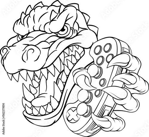 A crocodile, dinosaur or alligator lizard gamer sports video game gaming mascot holding a games controller