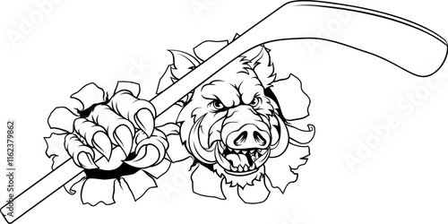 A wild boar, hog razorback warthog pig hockey sports cartoon mascot