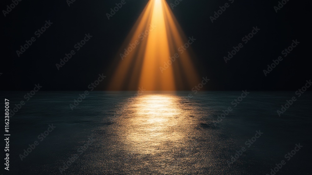 Dramatic Light Beam Illuminating Calm Water Surface in Darkness Dramatic Light Beam Illuminating Calm Water Surface in Darkness