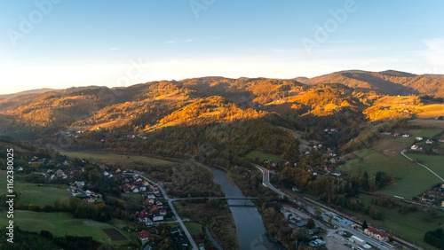 Fototapeta Naklejka Na Ścianę i Meble -  aerial view of the mountains of Poland in autumn at sunset