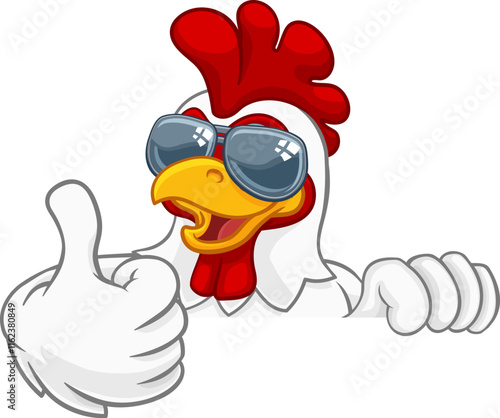 A chicken rooster cockerel bird cartoon character peeking over a sign and giving a thumbs up