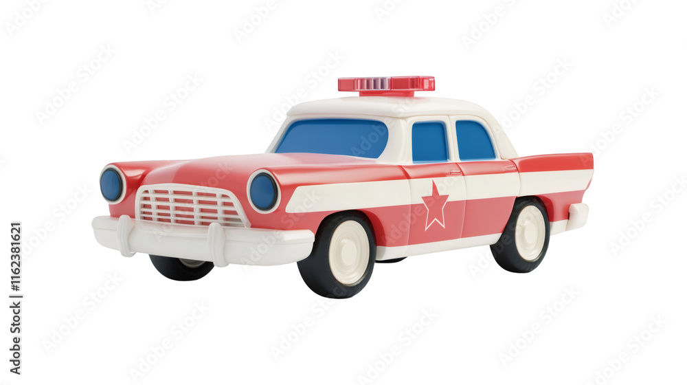 Fototapeta premium 3d illustration of a red and white cartoon police car with siren lights, isolated on transparent background