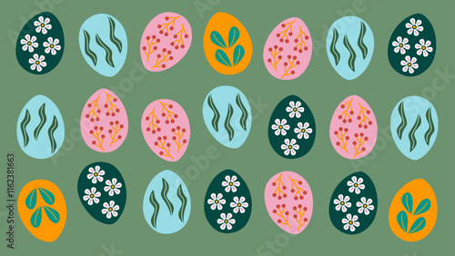 Happy Easter eggs seamless pattern on a green background with floral and leaves motifs.