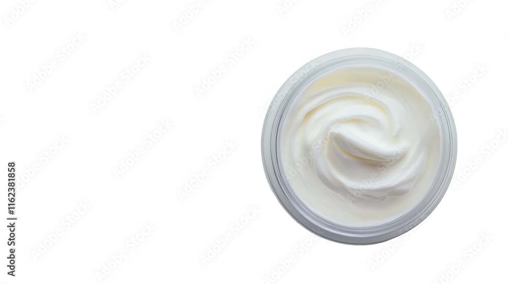 White facial moisturizer filling glass container, highlighting smooth texture for skincare product marketing White facial moisturizer filling glass container, highlighting smooth texture for skincare product marketing